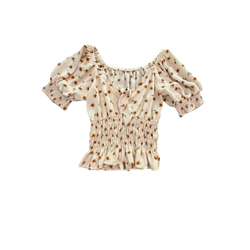 Sienna Sky Sandstone Floral Puff Sleeves Crop Top Women Size Small